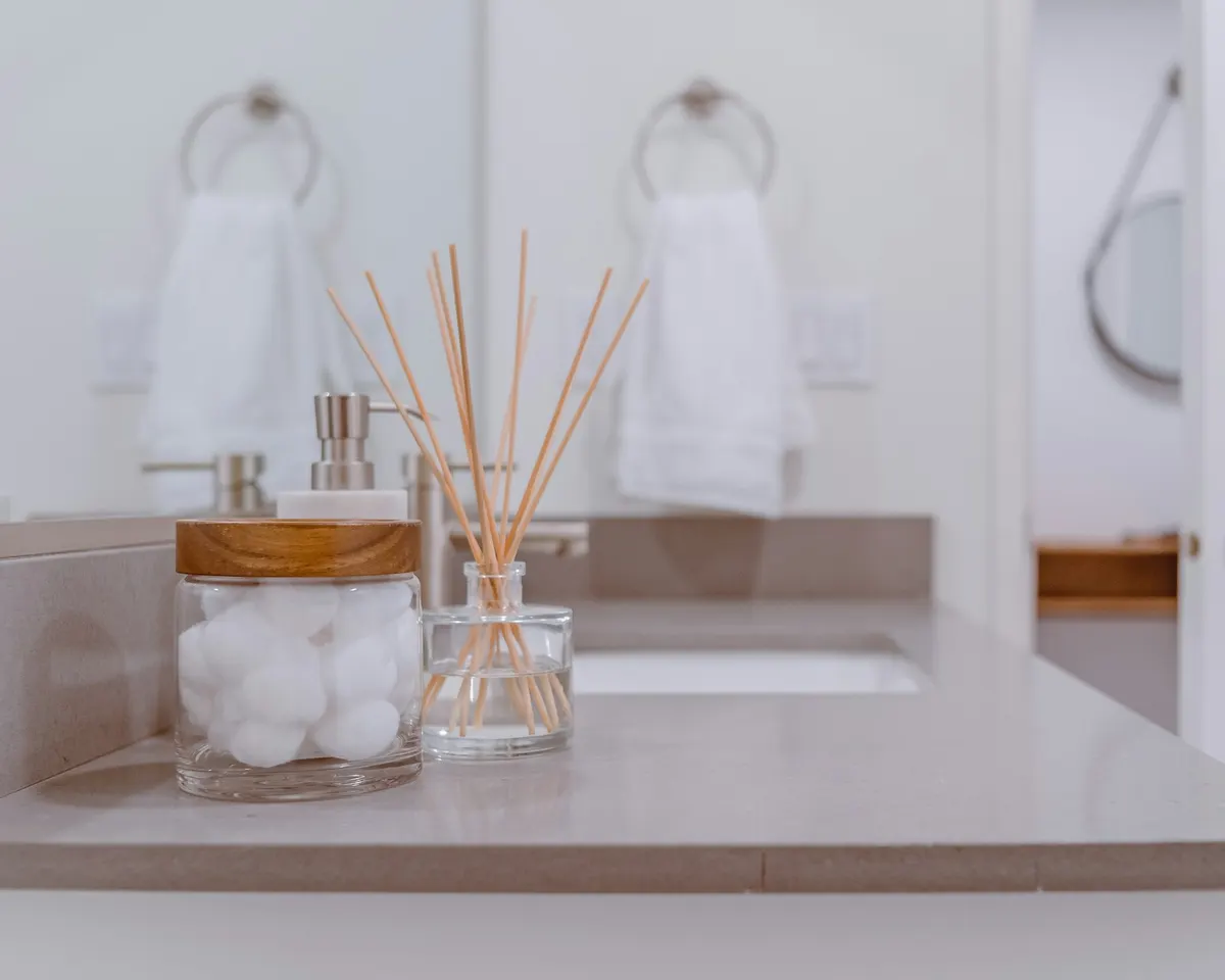 A calm, uncluttered bathroom counter