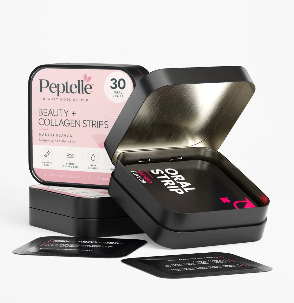 An open tin of Peptelle Beauty + Collagen Strips
